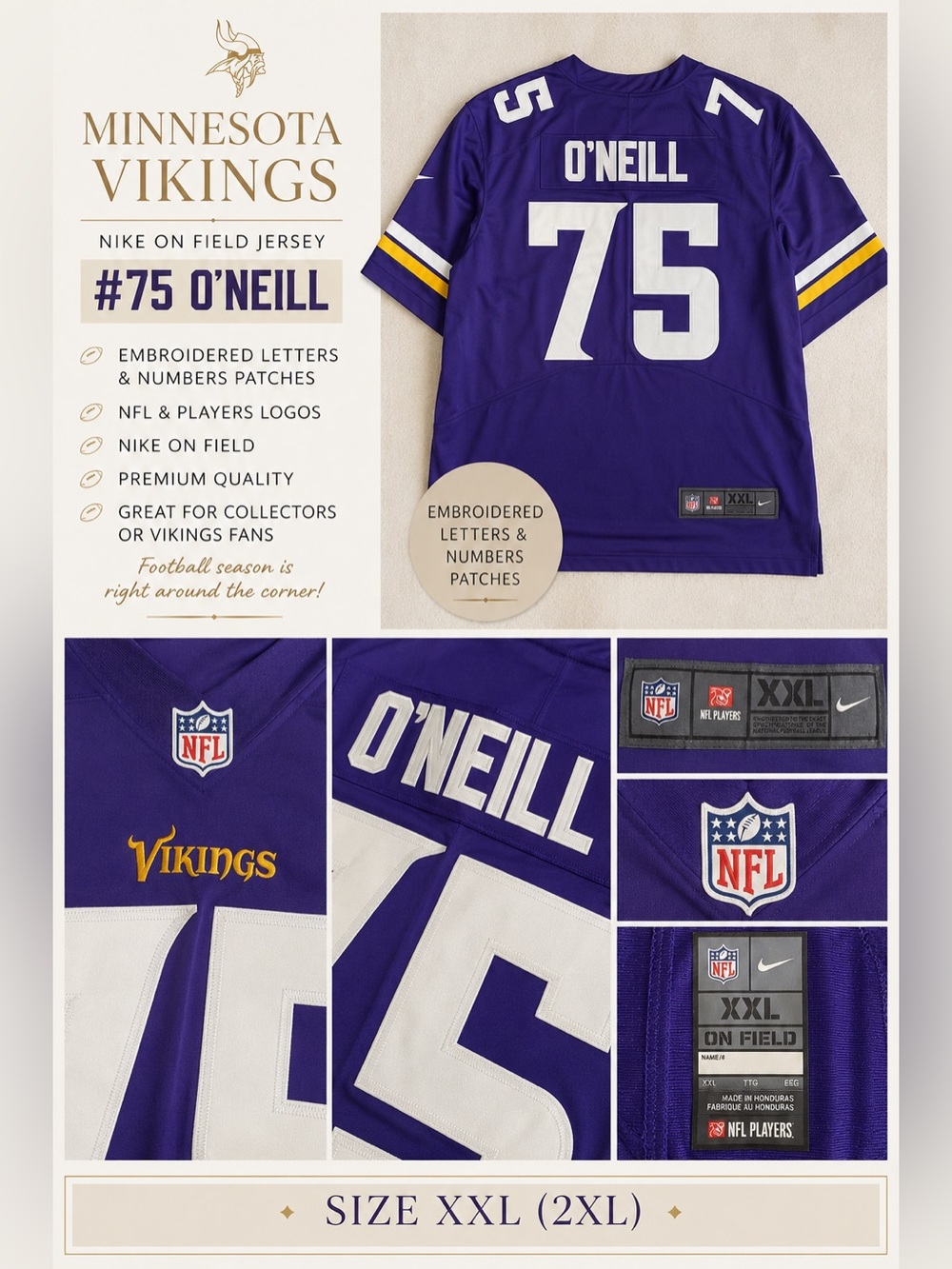 Nike ON FIELD Minnesota Vikings #75 O’Neill NFL Jersey With Patch Detail XXL